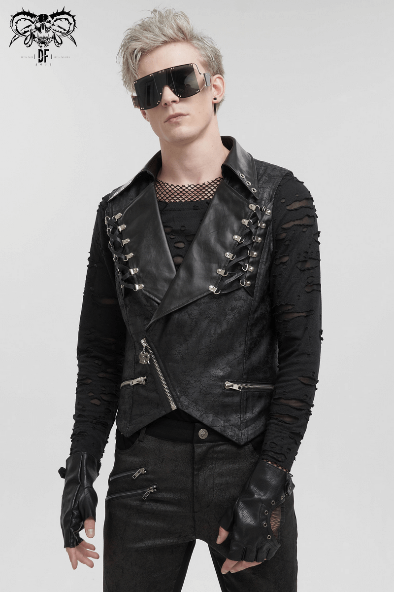 Punk black short vest with metal eyelets and zipper front, perfect for edgy fashion enthusiasts.