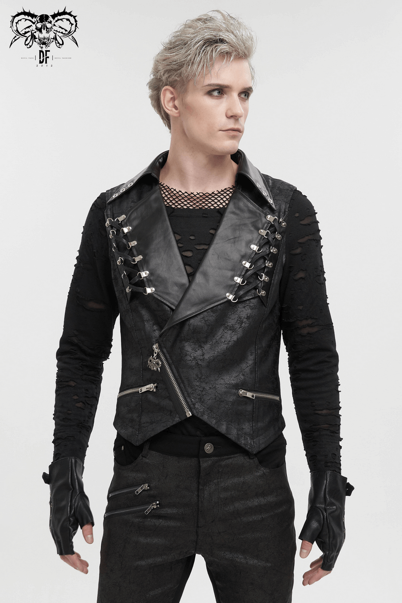 Men's punk black short vest with zipper front, lapel collar, and metal eyelets for a bold, edgy style.