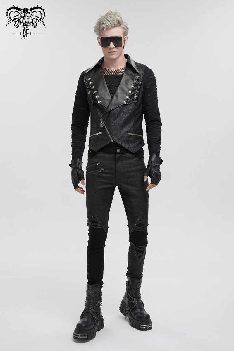 Men's punk black short vest with zipper front, metal eyelets, and edgy style, worn with gloves and sunglasses.