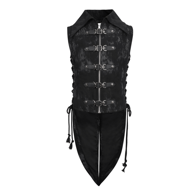 Punk Black Waistcoat with Lacing for Men / Stylish Male Zip Multi-Buckles Tail Waistcoats