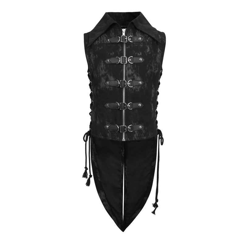 Stylish men's black punk waistcoat with lacing, zip closure, and multi-buckles for trendy outfits.