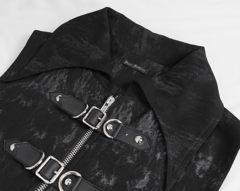 Stylish black punk waistcoat with lacing and multi-buckle details, perfect for trendy male outfits.