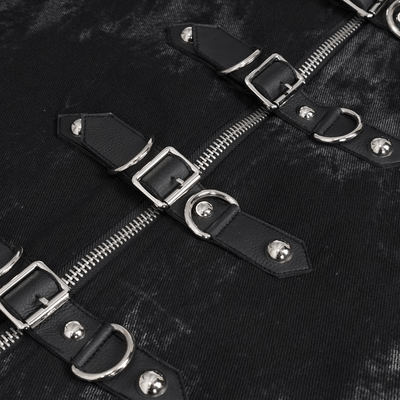 Close-up of stylish black waistcoat featuring multi-buckles and lacing details for a trendy punk look.
