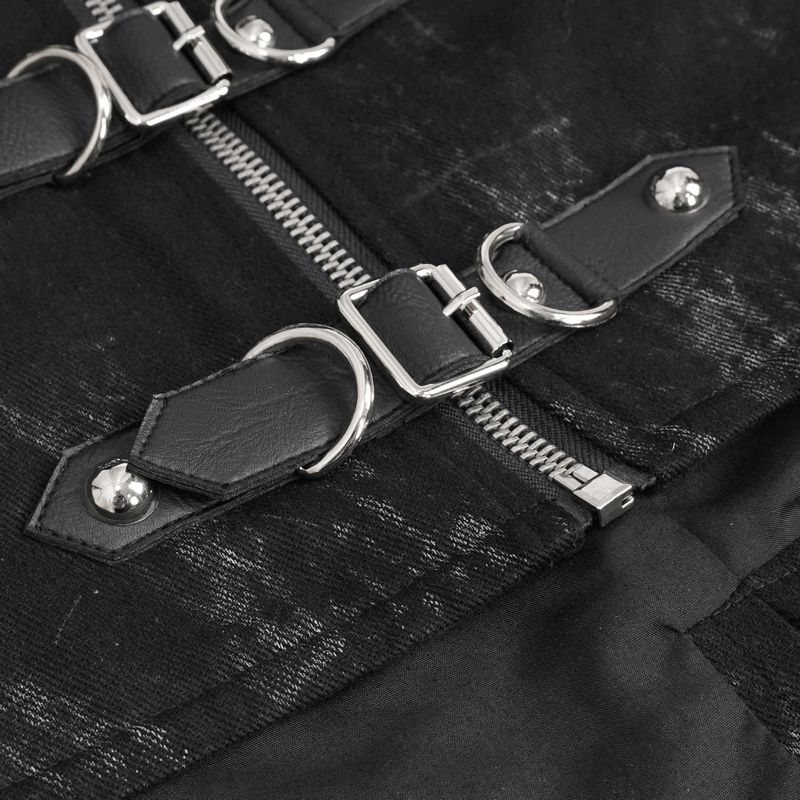 Close-up of black waistcoat features with multi-buckles and zippers for a stylish punk look.