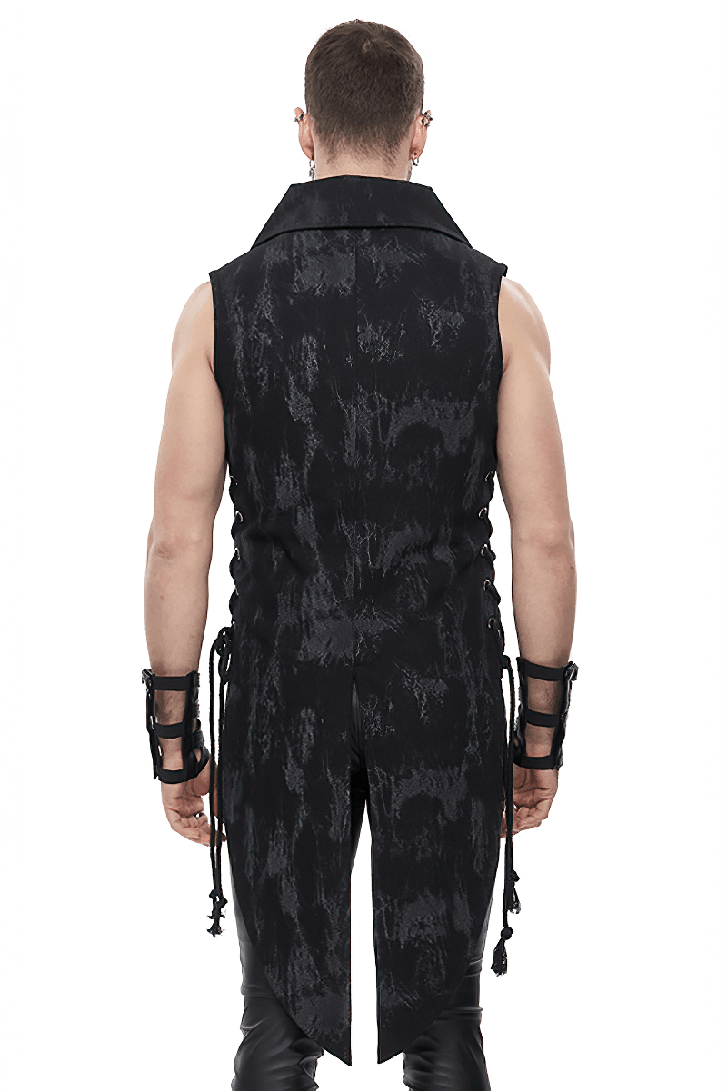 Rear view of a stylish black punk waistcoat with lacing, showcasing its trendy design and bold fashion statement for men.