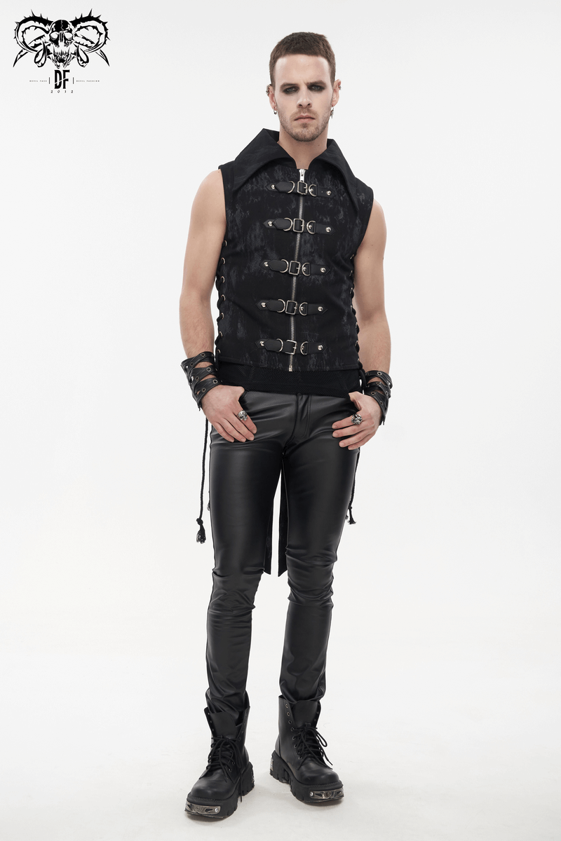 Stylish men's black punk waistcoat with lacing and multi-buckles, paired with sleek leather pants.