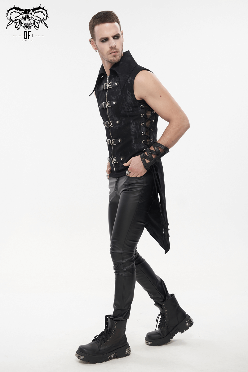 Stylish men's punk black waistcoat with lacing and multi-buckles, paired with sleek black pants and boots.