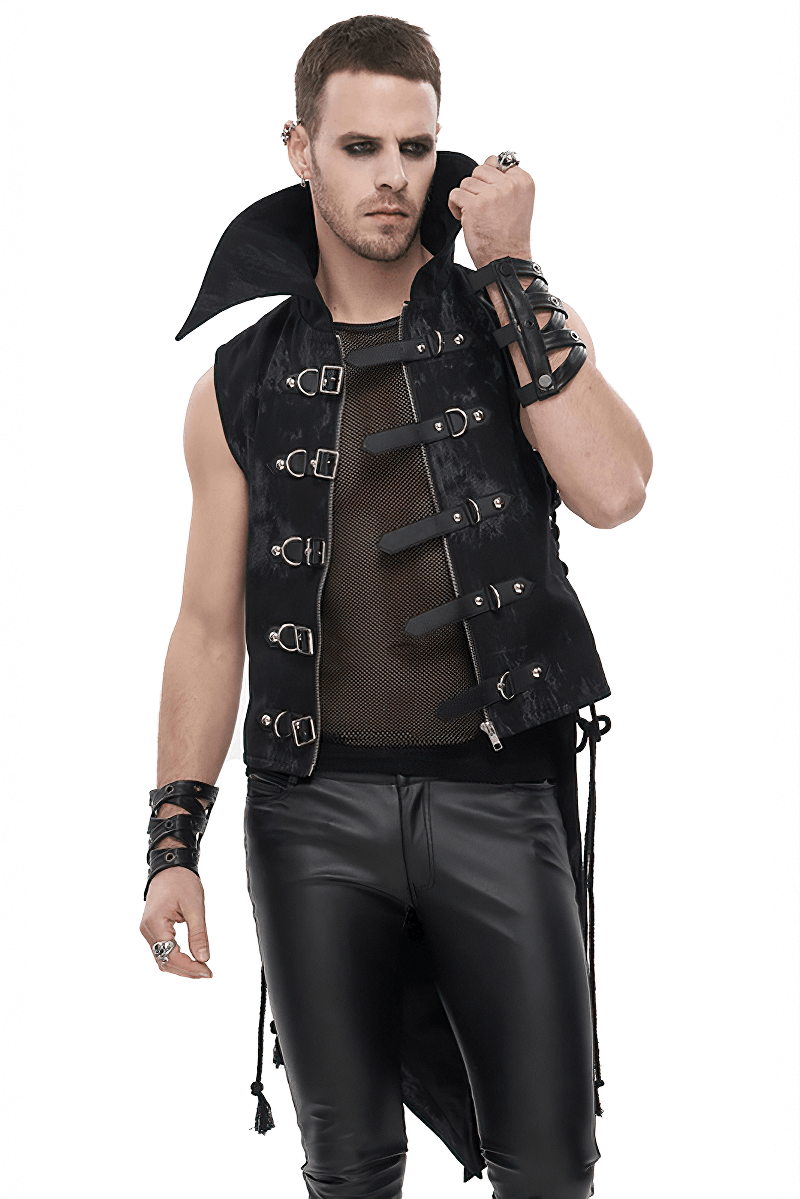 Stylish black punk waistcoat with lacing and multi-buckles, perfect for edgy male fashion outfits.