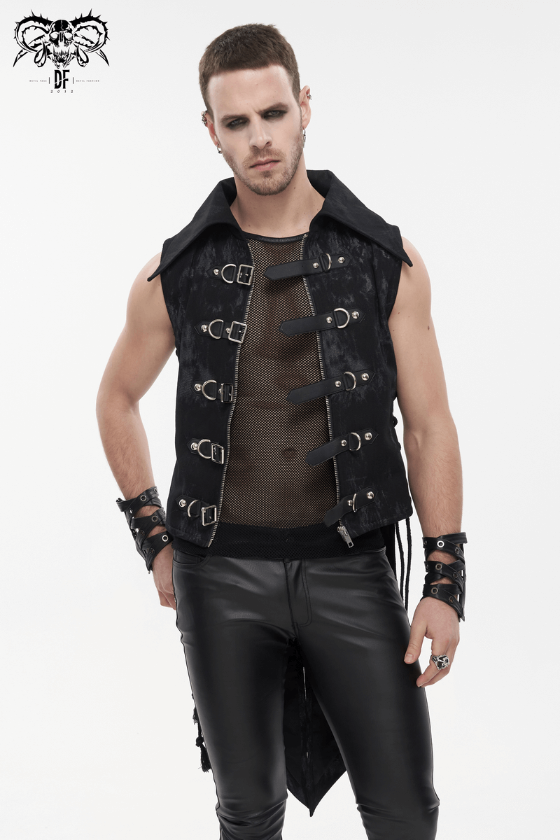 Punk Black Waistcoat with Lacing for Men / Stylish Male Zip Multi-Buckles Tail Waistcoats