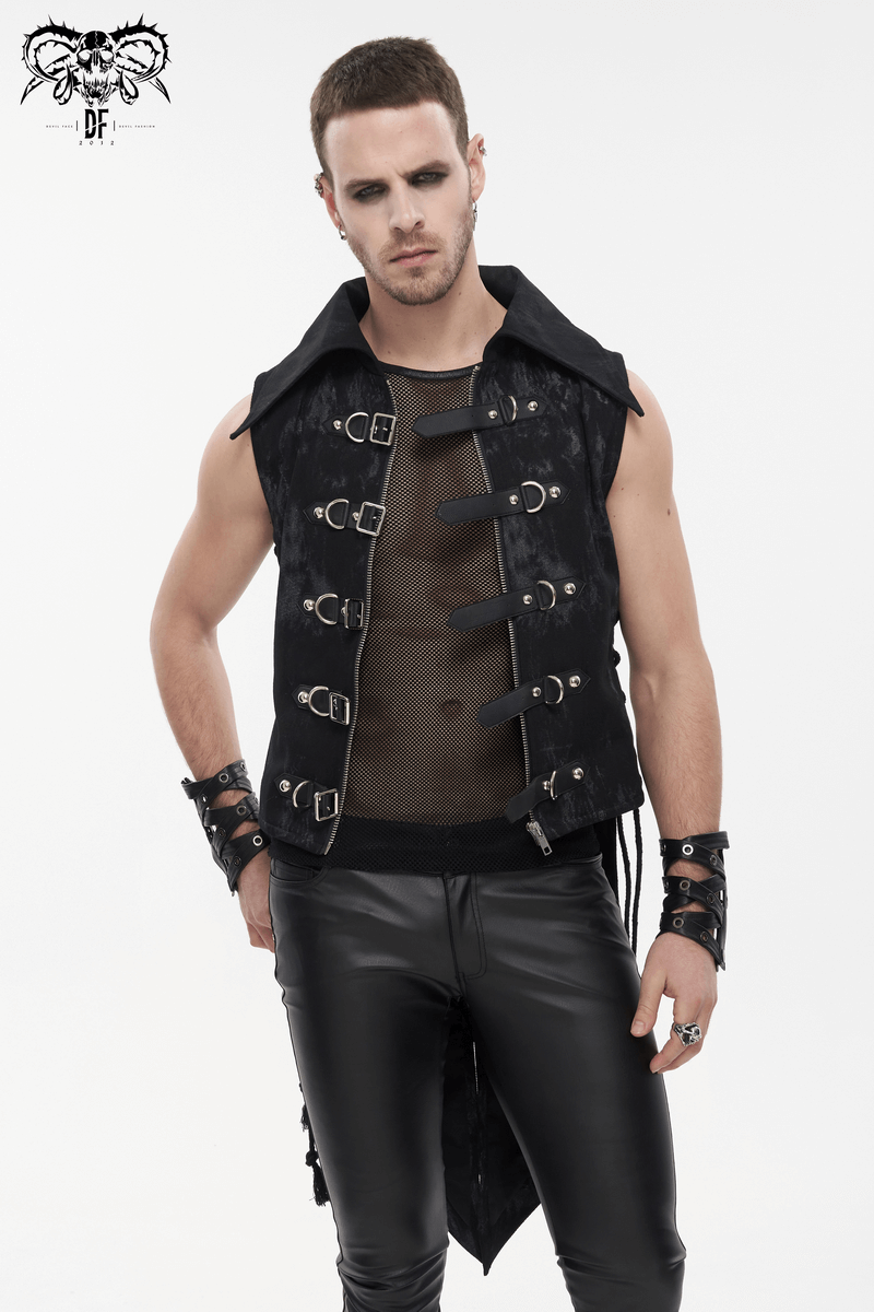 Men's punk black waistcoat with lacing and multi-buckles, perfect for stylish outfits.