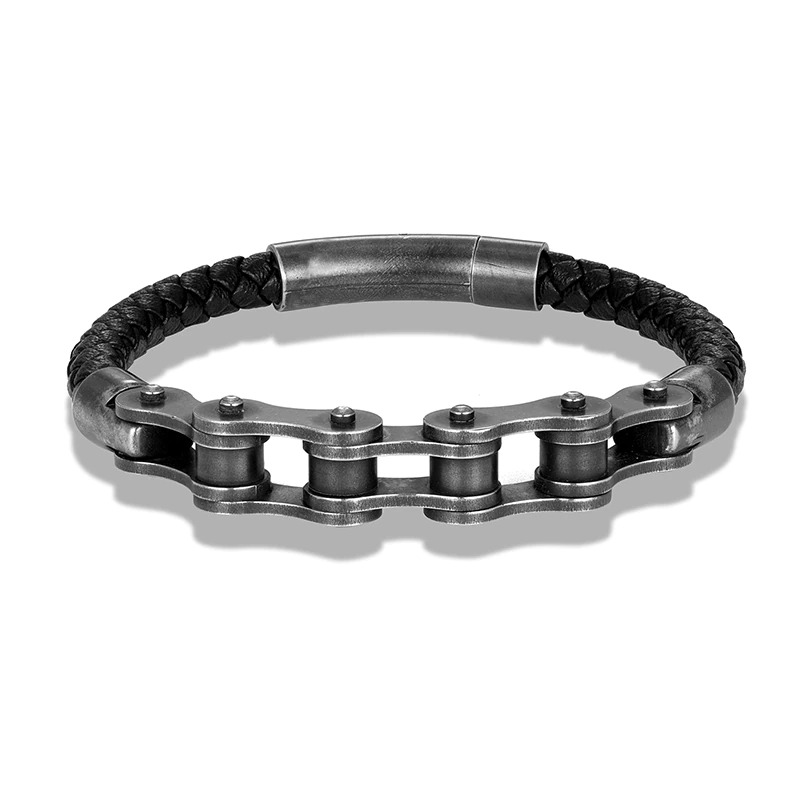 Punk braided leather bracelet with stainless steel motorcycle links for men, perfect for stylish and edgy looks.