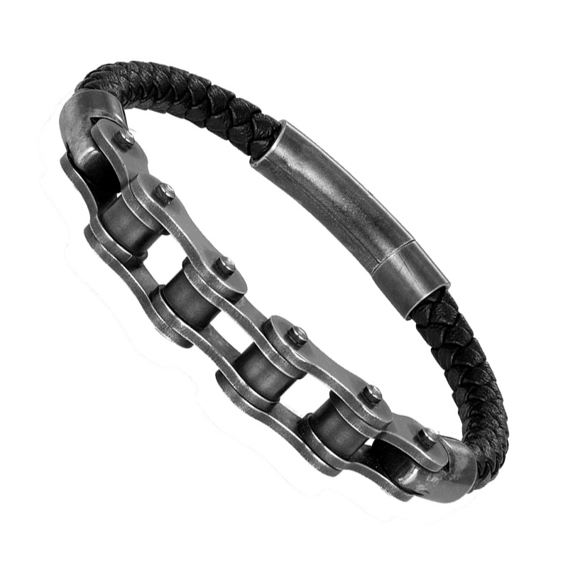 Punk braided genuine leather bracelet with stainless steel motorcycle design, perfect for stylish men.