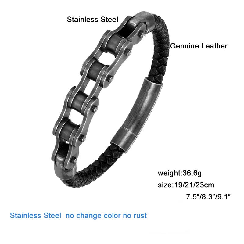 Punk braided leather bracelet for men featuring stainless steel chain design, stylish and durable, available in multiple sizes.