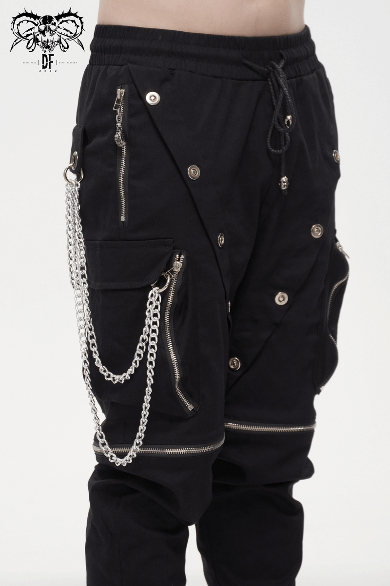 Punk Cargo Pants With Metal Buttons / Gothic Black Detachable Trousers with Chain - HARD'N'HEAVY