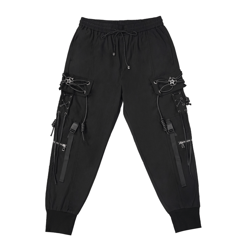 Punk Cargo Pants with Metal Pentagram / Black Elastic Waist Pants with Pockets - HARD'N'HEAVY
