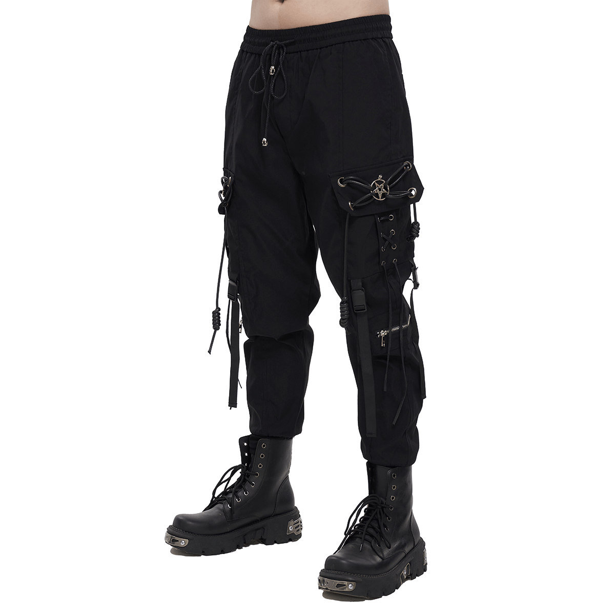 Punk Cargo Black Elastic Waist Pants with Metal Pentagram