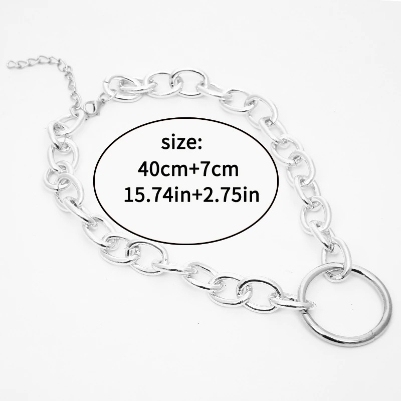 Punk chain choker necklace with circle, silver aluminum, 40cm plus 7cm adjustable size, perfect for alternative fashion.