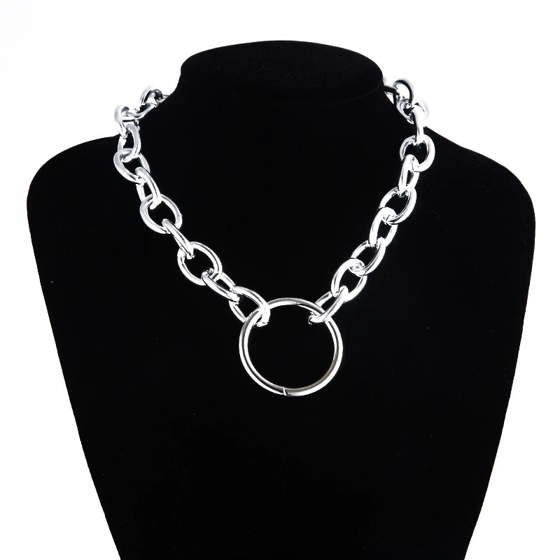 Punk chain choker necklace featuring a bold circle pendant, perfect for stylish women seeking alternative fashion.