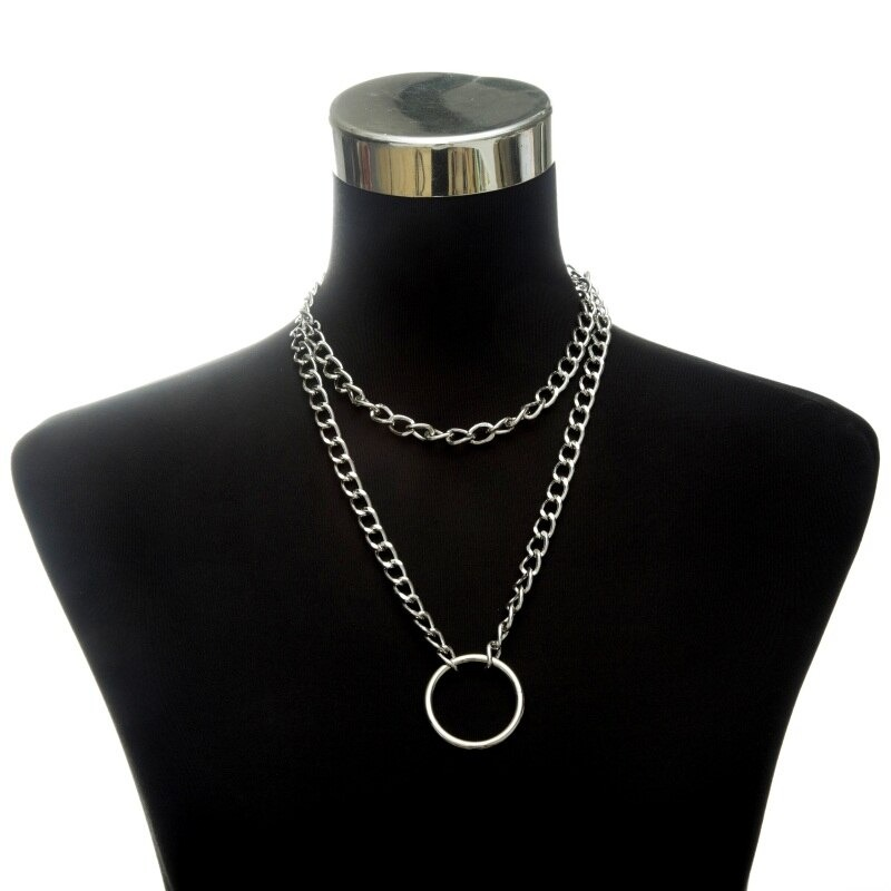 Punk chain choker necklace displayed on a mannequin, featuring a stylish circle pendant and layered chains.