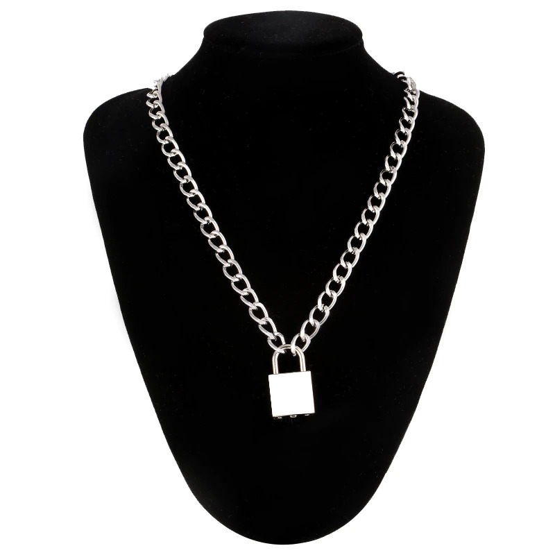 Trendy aesthetic unisex chain necklace with padlock pendant on a display bust