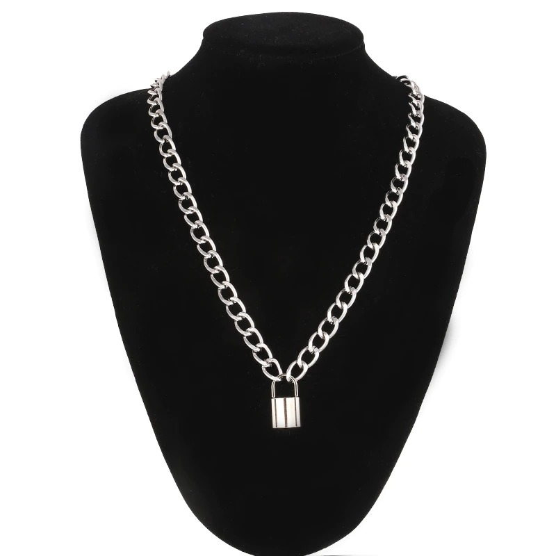 Unisex punk chain necklace with shiny padlock pendant, perfect for trendy outfits and cool accessory layering.