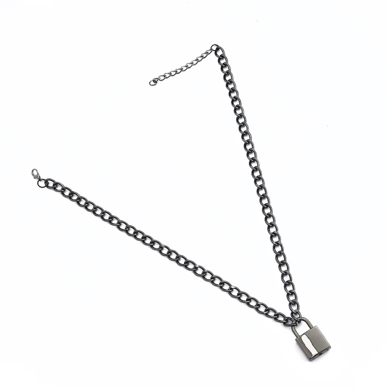 Unisex punk chain necklace with padlock pendant, trendy accessory for stylish looks.