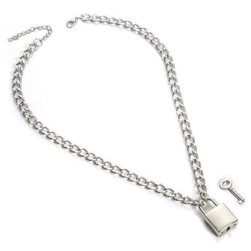 Aesthetic unisex punk chain necklace featuring a padlock pendant and charm key, perfect accessory for any occasion.