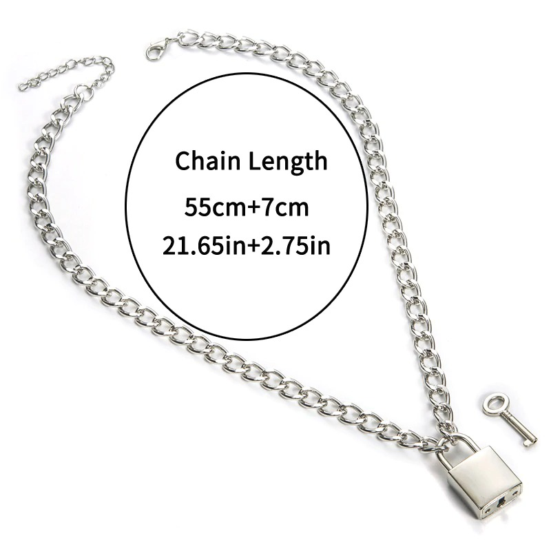 Unisex punk chain necklace with padlock pendant, chain length 55cm+7cm, stylish accessory for any occasion.
