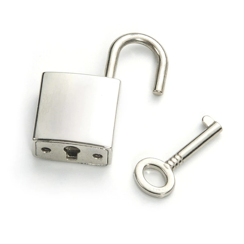 Shiny silver padlock with an open shackle and a small key, perfect for trendy jewelry designs.