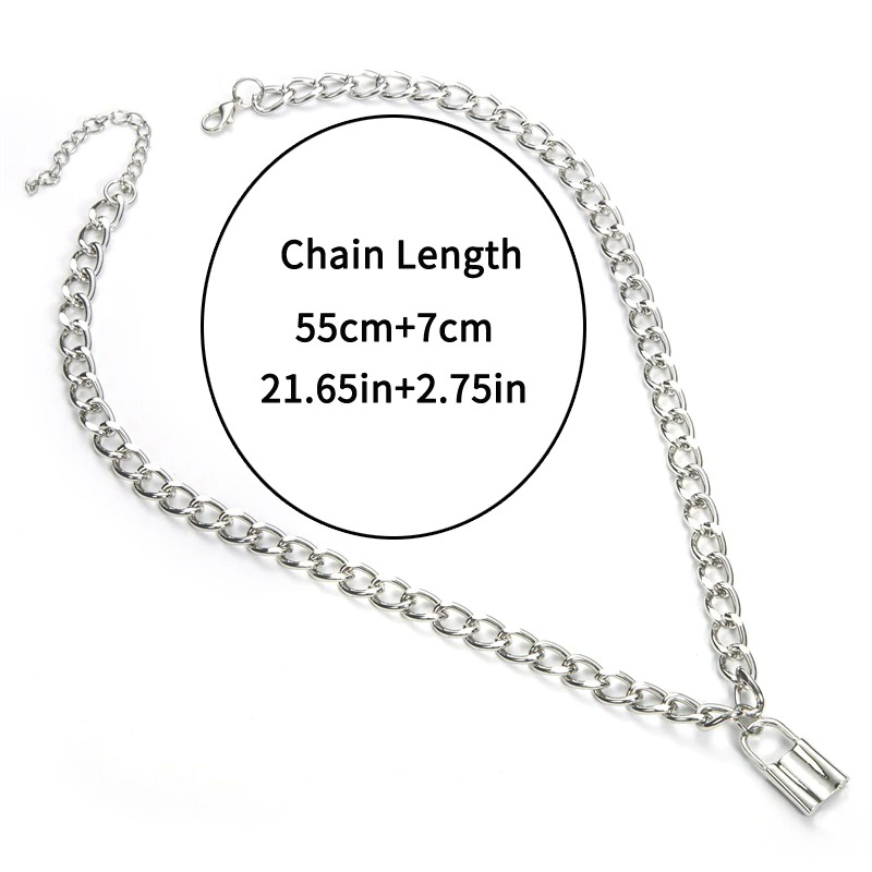 Aesthetic unisex punk chain necklace featuring a stylish padlock pendant with length details.