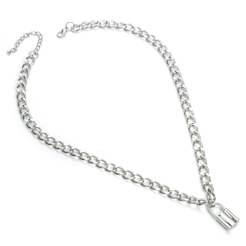 Trendy unisex punk chain necklace with padlock pendant, perfect for stylish accessories.
