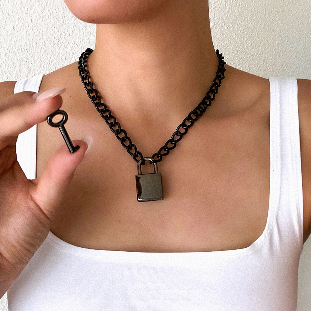 Unisex punk chain necklace with padlock pendant and key, trendy accessory for cool looks.