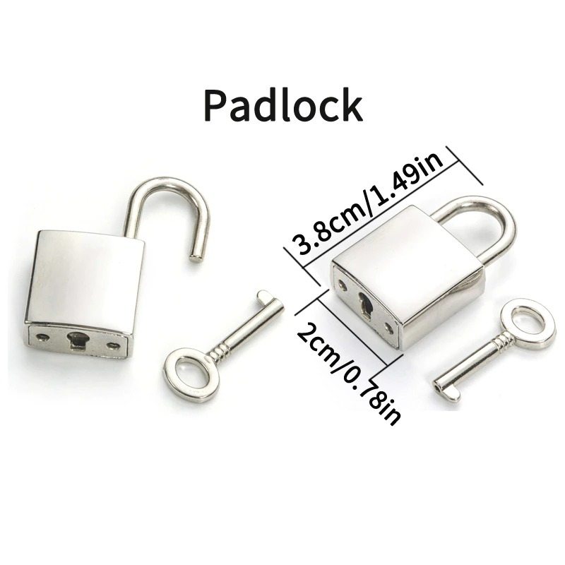 Metal padlock and key with dimensions, perfect for lock-themed accessories and jewelry crafting.