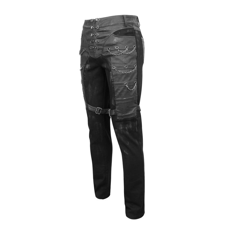Men's black gothic fitted pants with buckle straps and chains for punk style fashion.