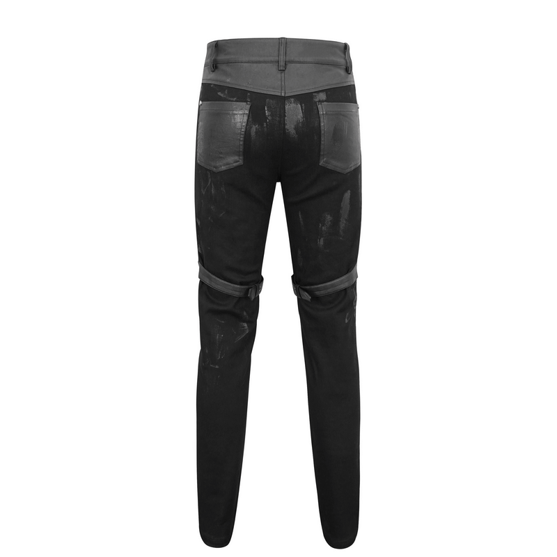 Punk Chains Fitted Male Pants / Black Gothic Trousers with Buckles Strap on Both Thigh