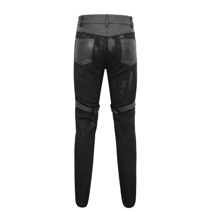 Back view of black fitted men's punk pants with buckle straps, showcasing a stylish gothic design.