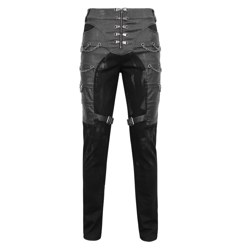 Men's black fitted punk pants with buckle straps and chains for a stylish gothic look.