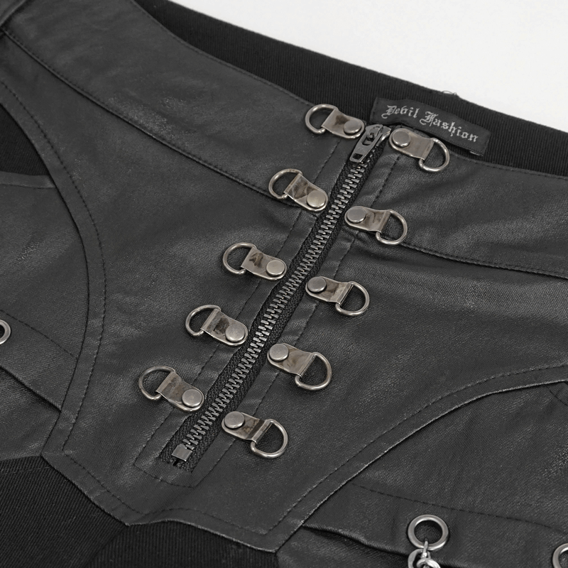 Close-up of black gothic trousers with metal buckles and zipper detailing, perfect for punk fashion.