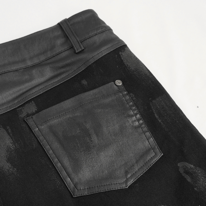 Back view of black fitted punk pants showing pocket and textured fabric for gothic style.