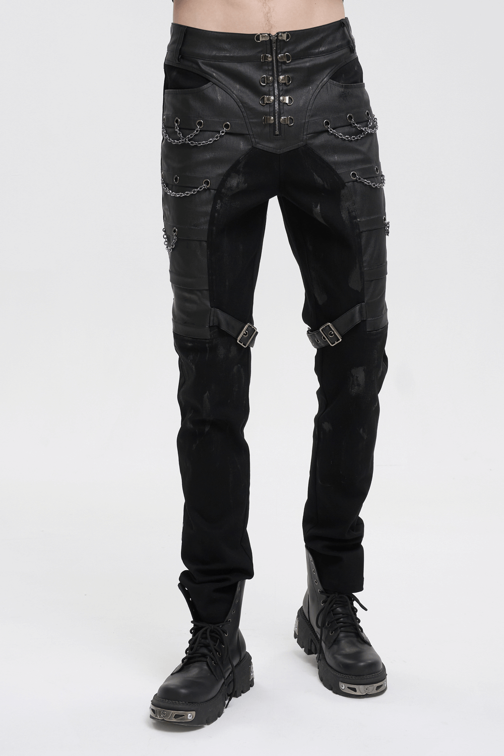 Men's black fitted punk pants with buckle straps and chain details for a gothic style.