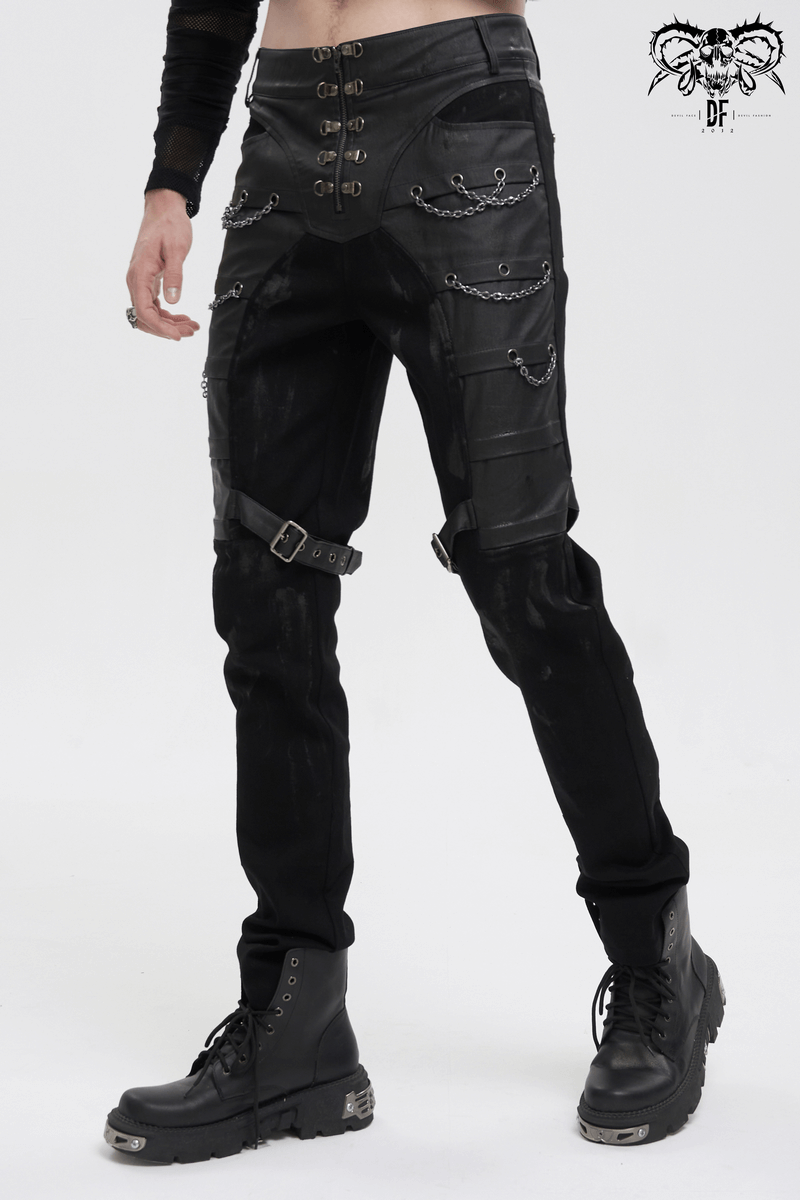 Men's black fitted punk pants with buckle straps and chain details for a gothic style.