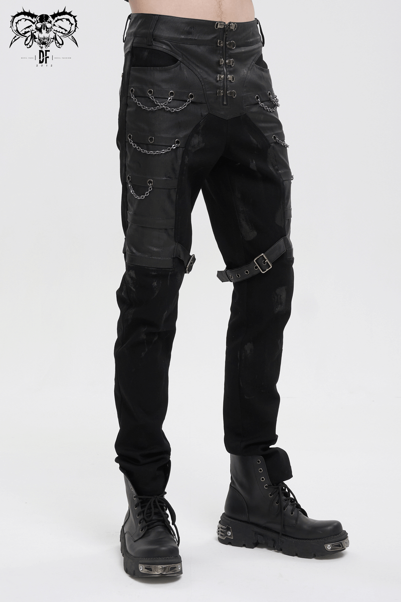 Punk Chains Fitted Male Pants / Black Gothic Trousers with Buckles Strap on Both Thigh
