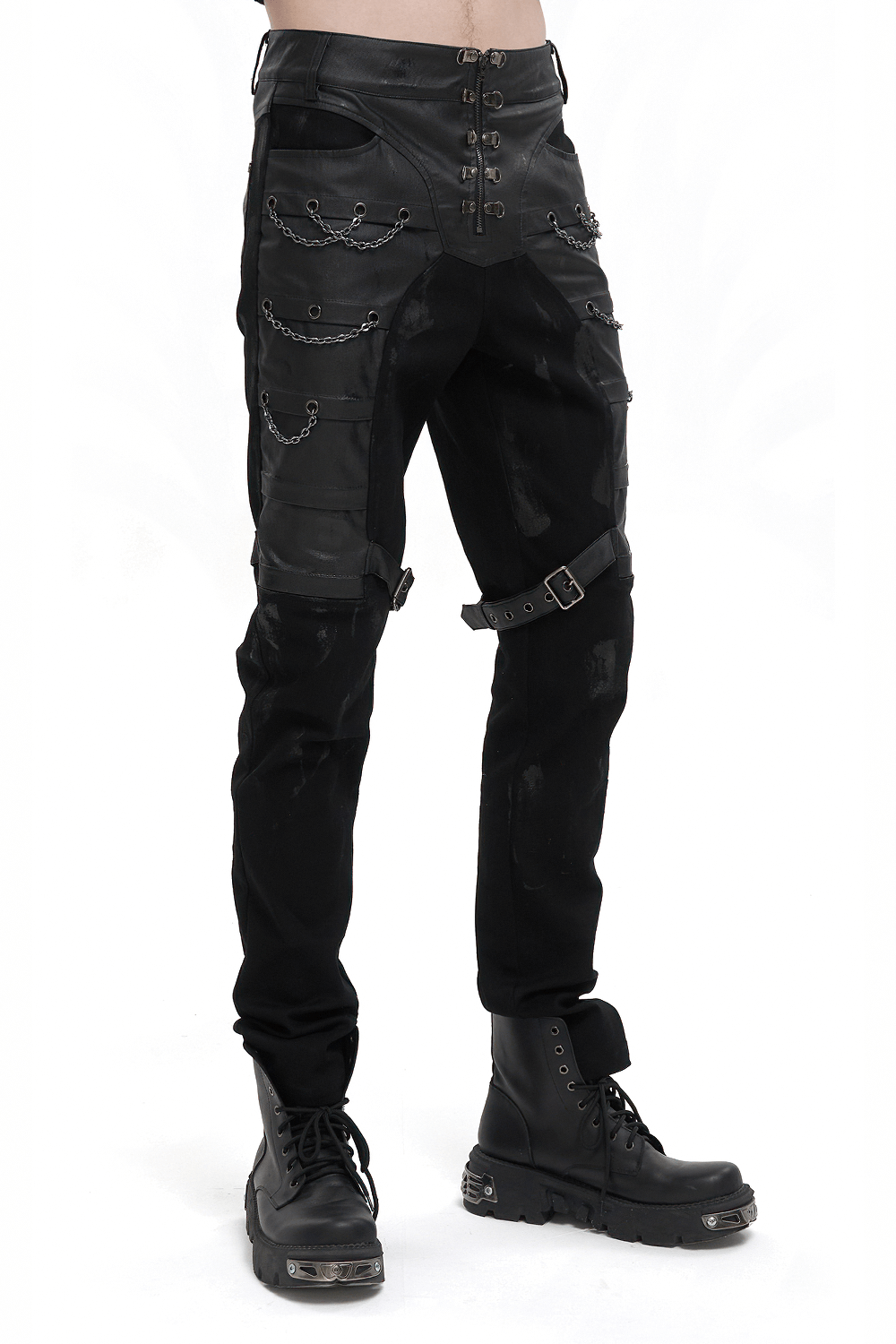 Men's black fitted punk pants with buckle straps and chains, perfect for a gothic fashion statement.
