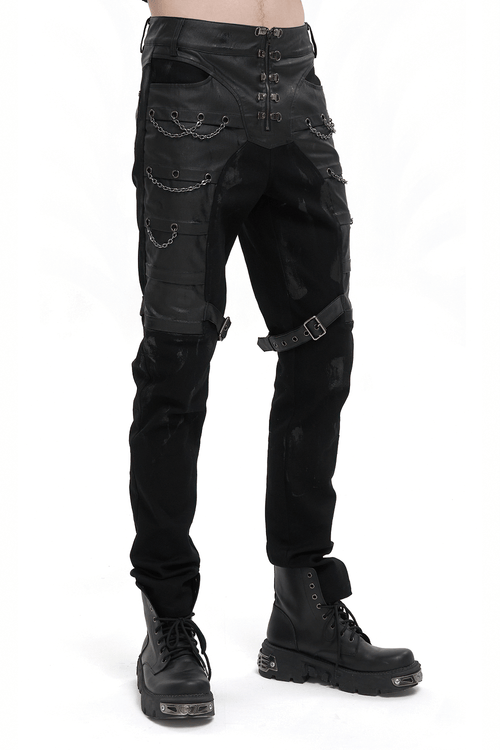 Punk Chains Taillierte Herrenhose / Schwarze Gothic-Hose mit Schnallenriemen an beiden Oberschenkeln