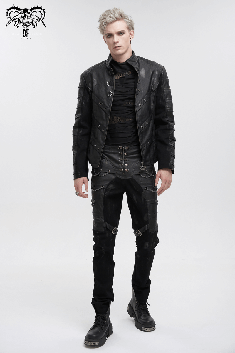 Stylish male model in black gothic punk fitted pants with buckle straps and matching jacket.