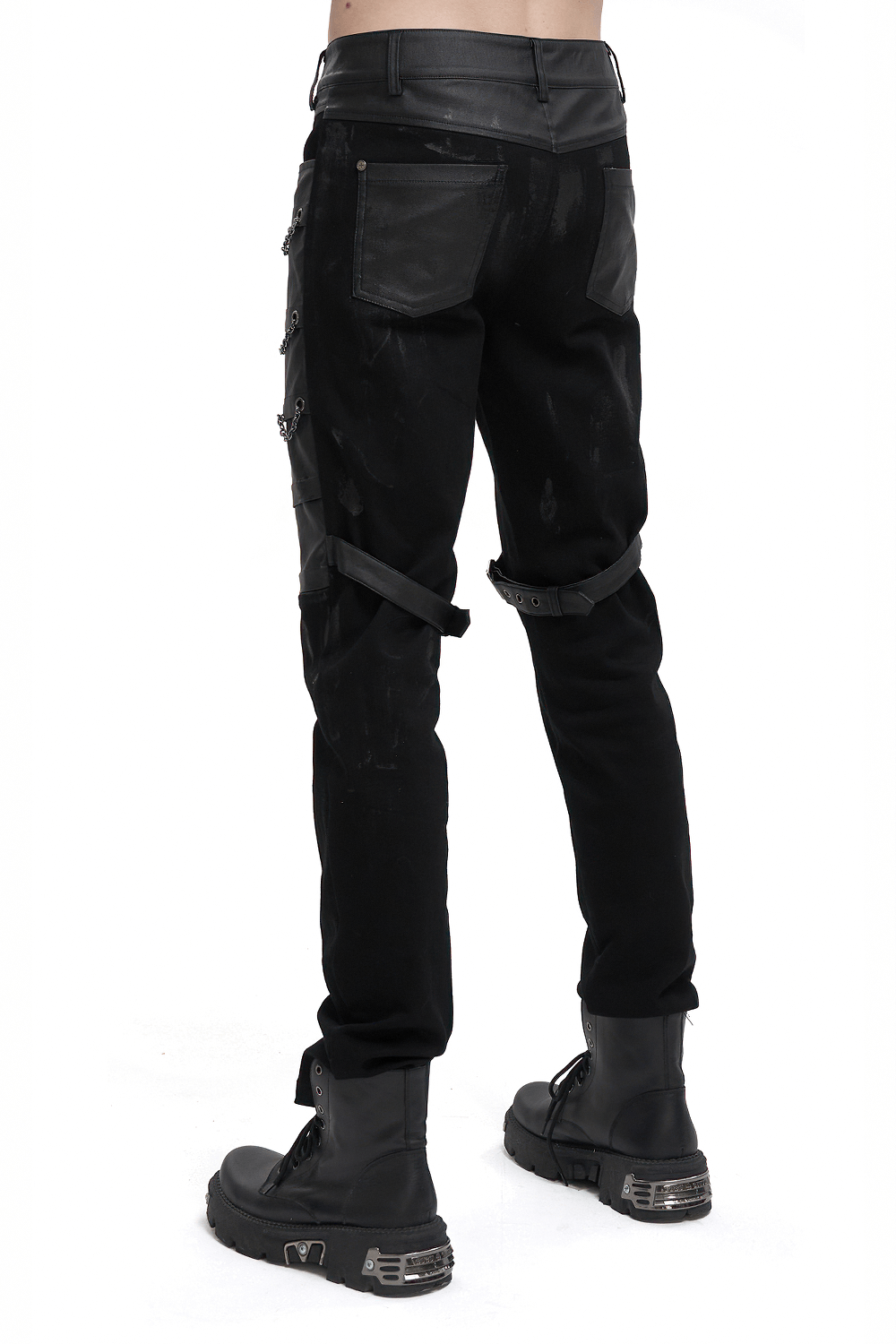 Black fitted punk trousers with buckle straps on thighs, perfect for a stylish gothic wardrobe.