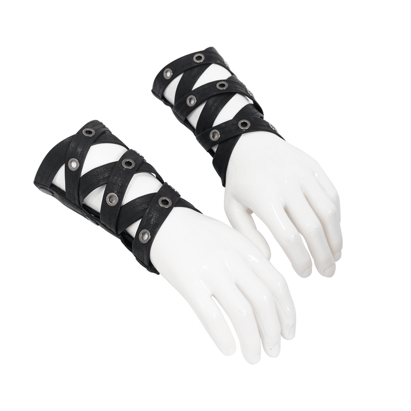Punk Cutout Faux Leather Arm Sleeves / Black Strap Arm Warmers with Metal Eyelets - HARD'N'HEAVY