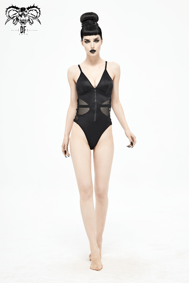 Punk cutout net insert one-piece swimsuit featuring mesh details in black with a stylish zipper front.