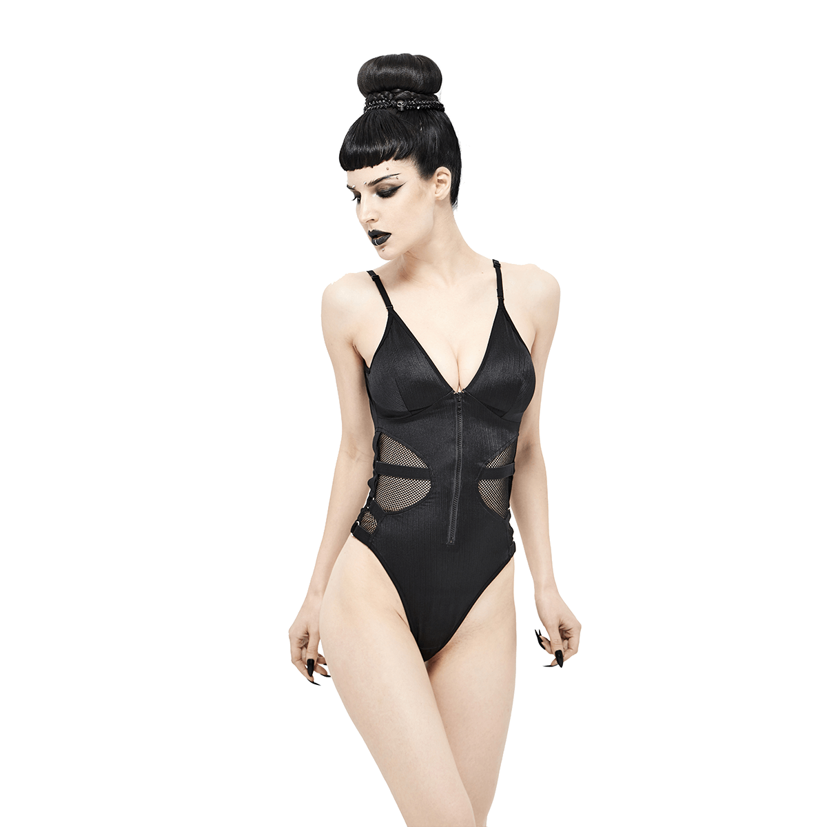 Stylish women's black punk cutout one-piece swimsuit with mesh inserts and zipper, perfect for bold summer vibes.