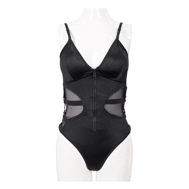 Stylish women's black punk one-piece swimsuit with mesh inserts and front zipper for a bold beach look.